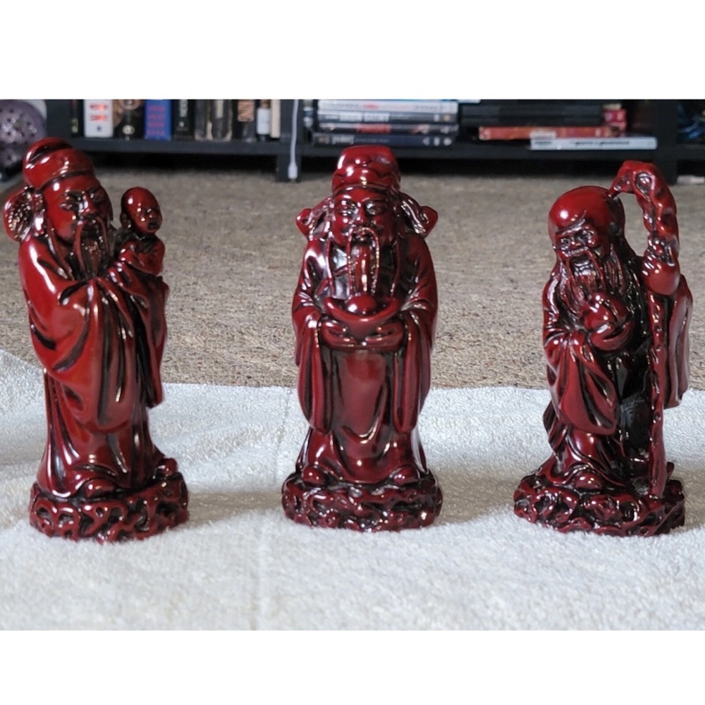 VINTAGE RED RESIN SET OF 3 CHINESE GOD WISE MEN FIGURES